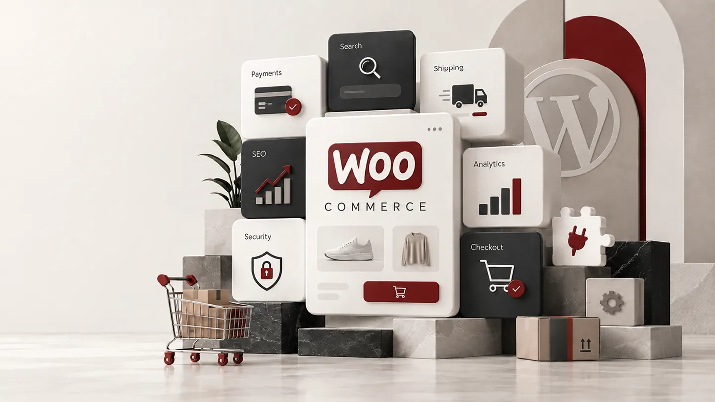 WooCommerce store surrounded by plugin categories including payments, filters, search, shipping, security, backups and SEO