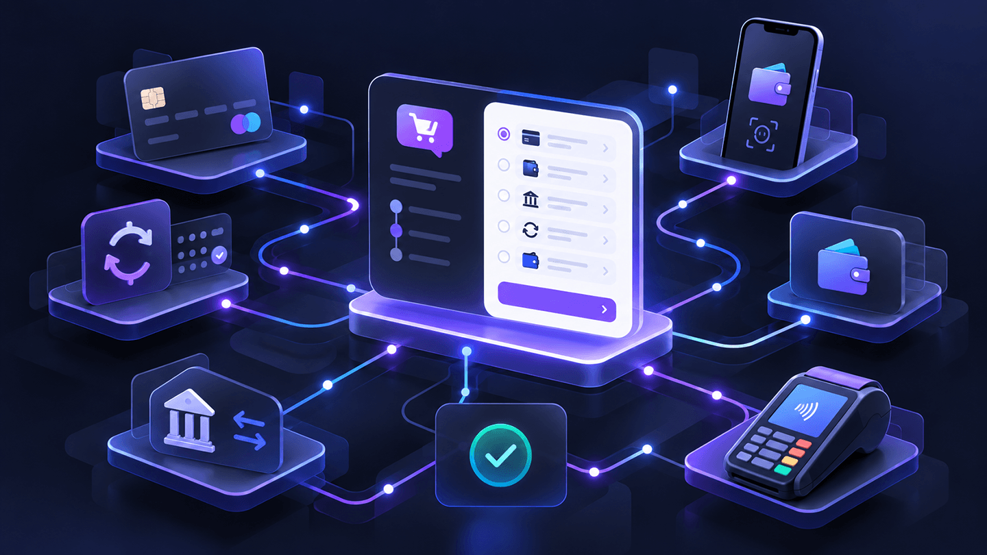 Editorial illustration of a WooCommerce checkout connected to cards, digital wallets, recurring payments, local payment methods, and point-of-sale payments