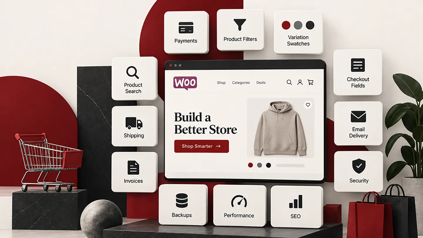 WooCommerce plugin categories including payments, search, shipping, SEO, analytics, security and checkout