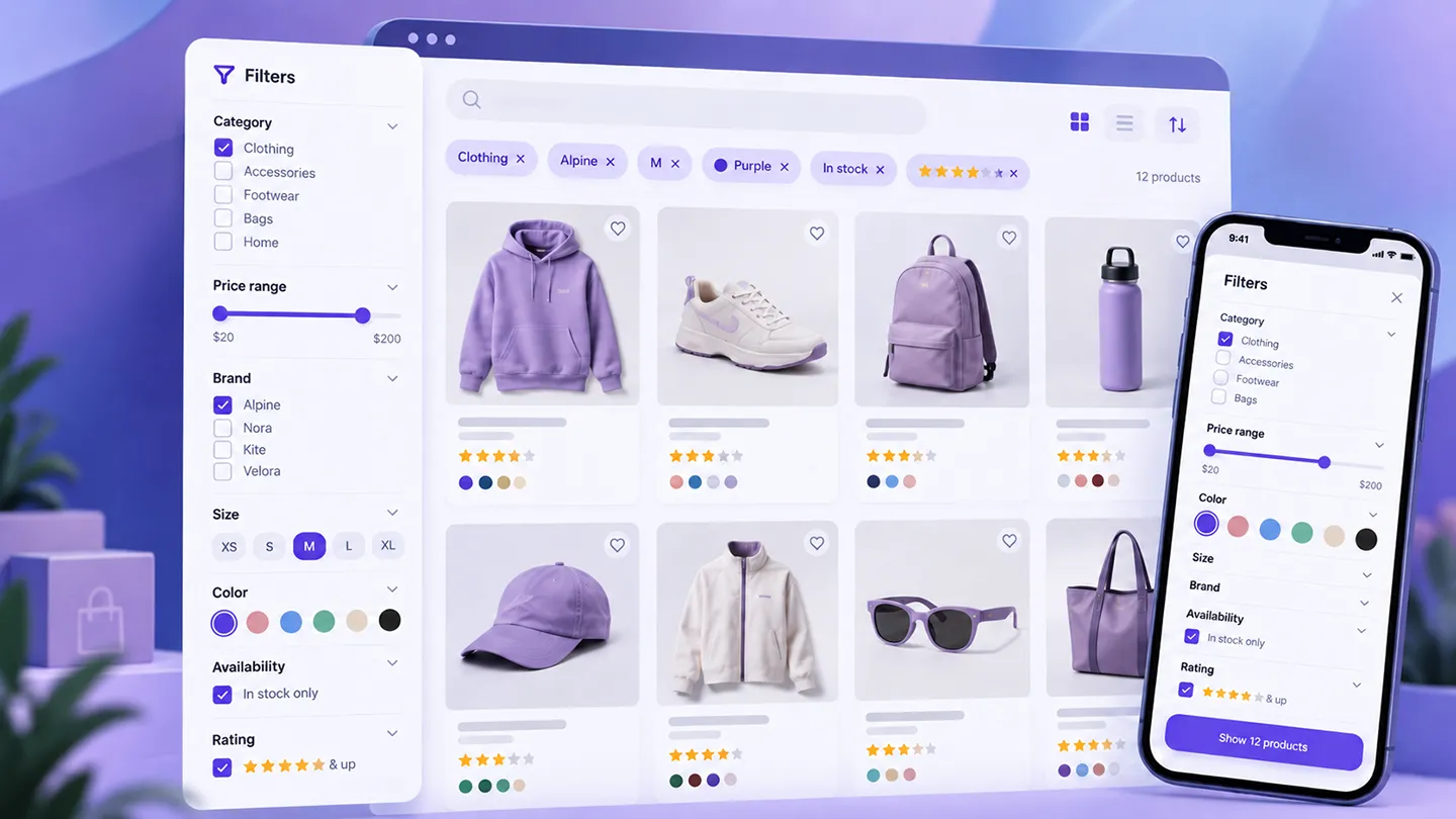 Editorial illustration of a WooCommerce product catalog being narrowed by category, price, brand, size, color, stock, and attribute filters on desktop and mobile