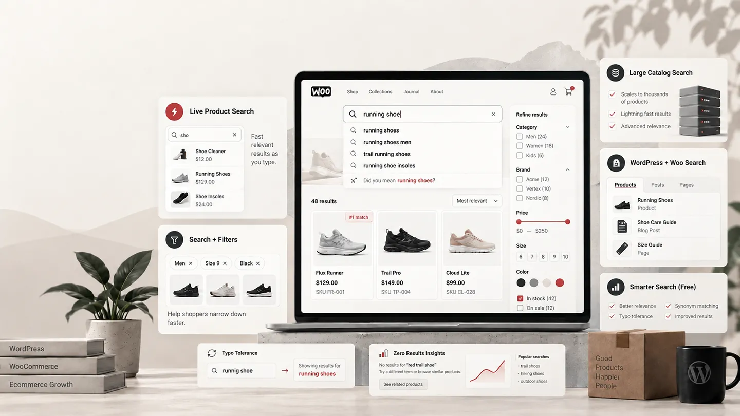 Editorial illustration comparing WooCommerce product-search approaches including autocomplete, filters, relevance tuning, SKU matching, and large-catalog search