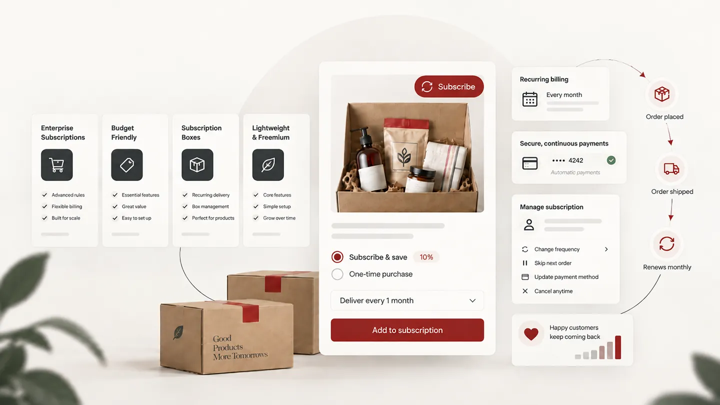 Editorial illustration comparing WooCommerce subscription plugin approaches and recurring product billing workflows in 2026