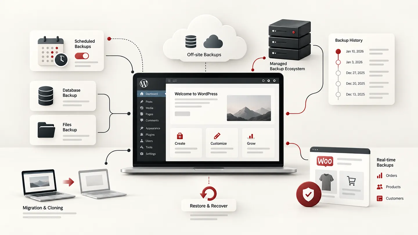 Editorial illustration comparing WordPress backup plugin approaches including scheduled cloud backups, restores, migrations, real-time protection, and off-site recovery