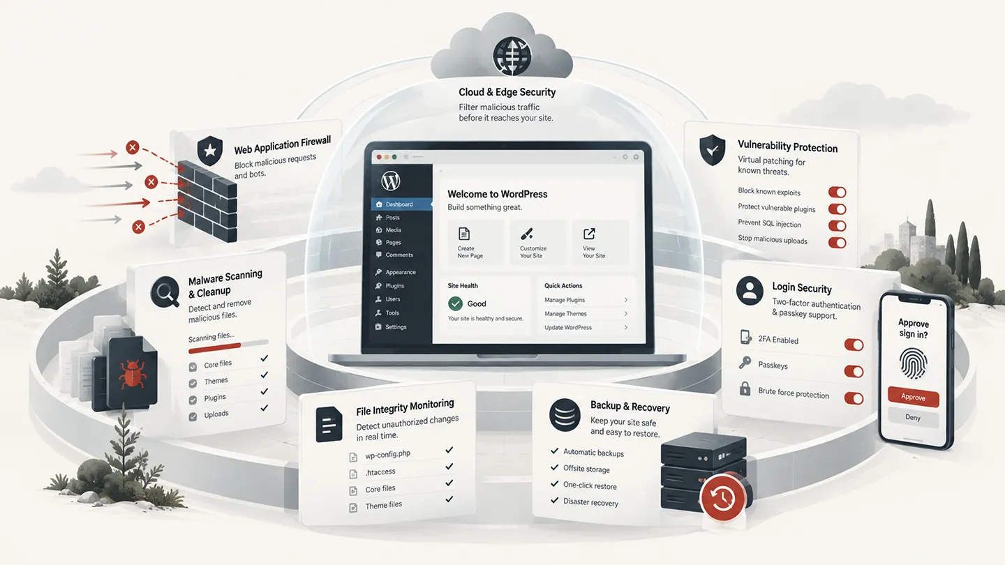 Editorial illustration comparing WordPress security plugin approaches including firewalling, malware scanning, vulnerability protection, login security, and recovery