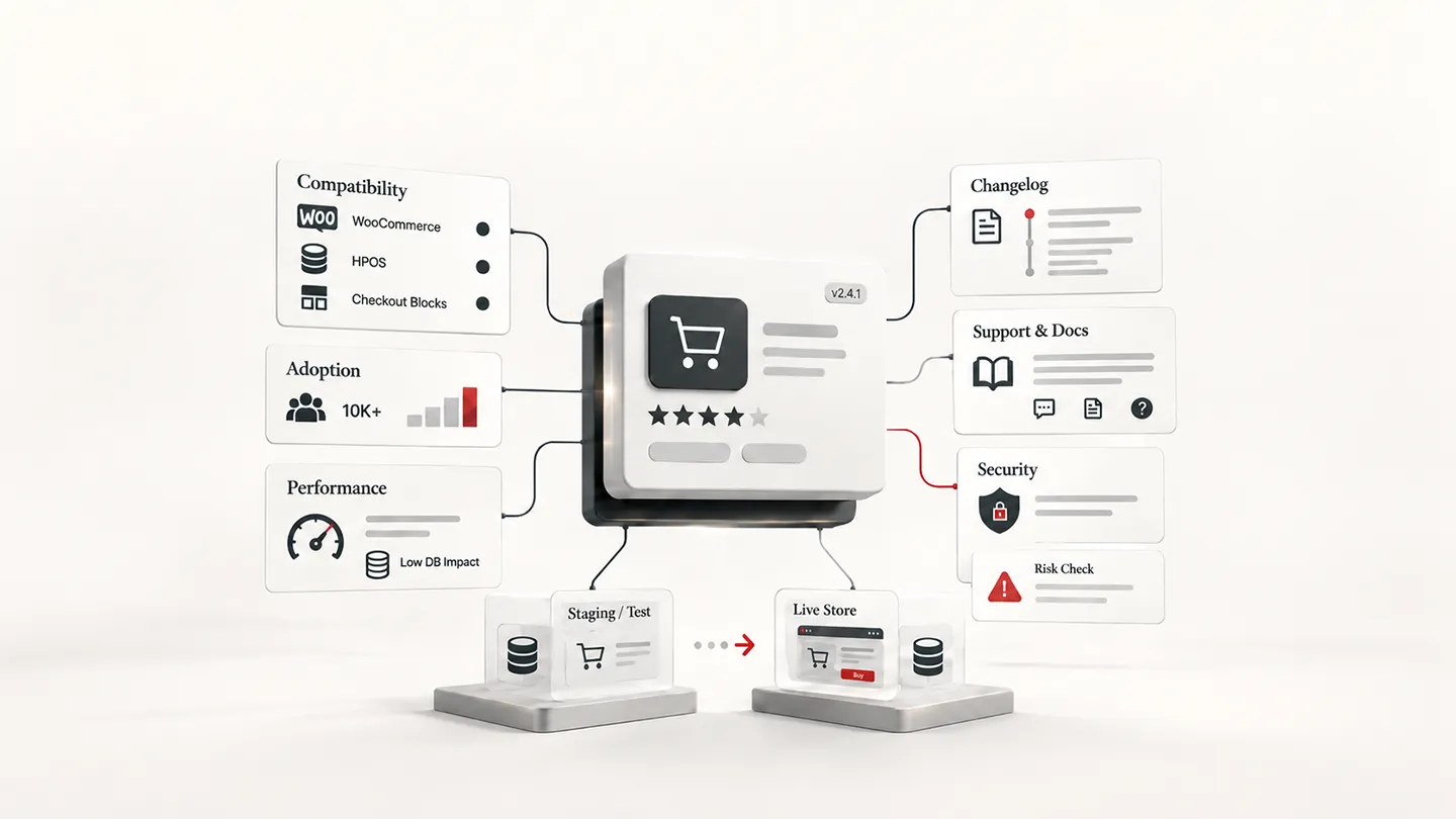 Editorial illustration showing a WooCommerce plugin being evaluated for quality before installation