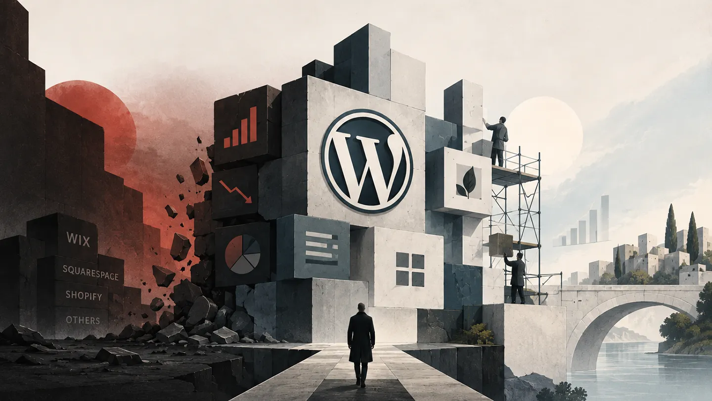 Editorial illustration of WordPress being rebuilt between decline and reinvention