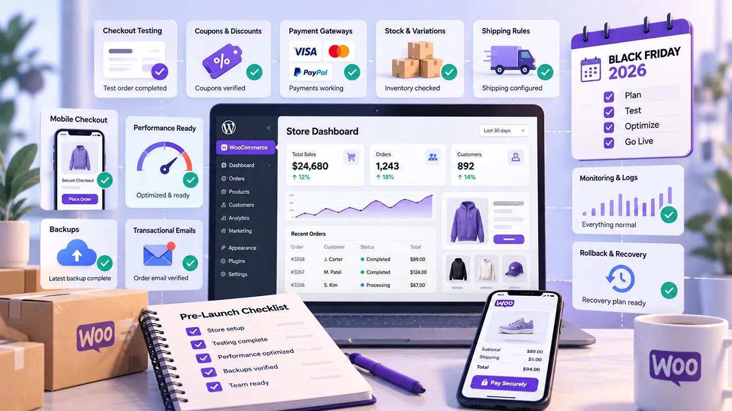 Editorial illustration of a WooCommerce store preparing for Black Friday with checkout testing, discounts, payments, stock, shipping, backups, and performance monitoring