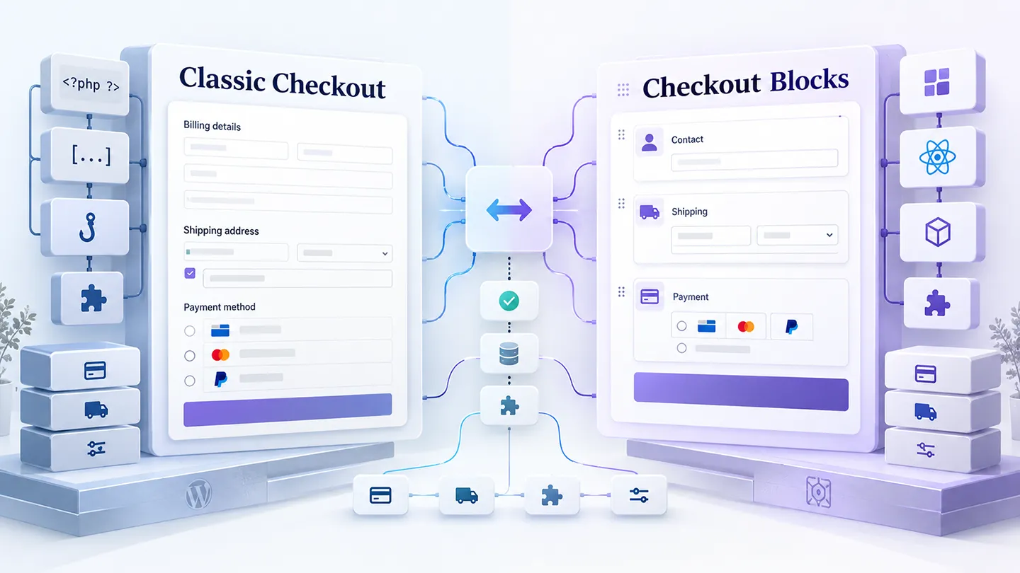 Editorial illustration comparing WooCommerce Classic Checkout and Checkout Blocks architectures, compatibility, extensibility, payment methods, shipping, and migration