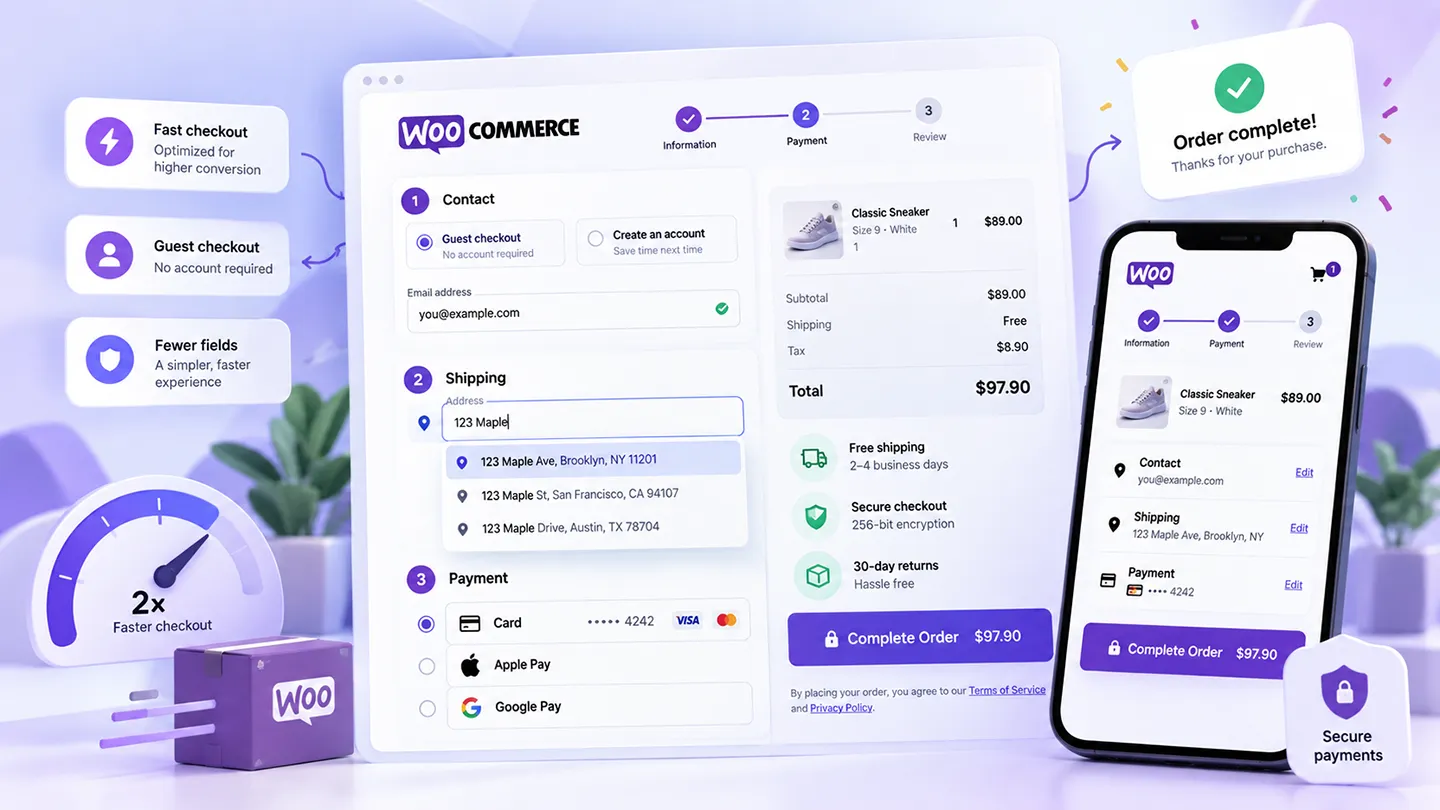 Editorial illustration of a streamlined WooCommerce checkout showing fewer fields, address autocomplete, digital wallets, mobile checkout, and a completed order
