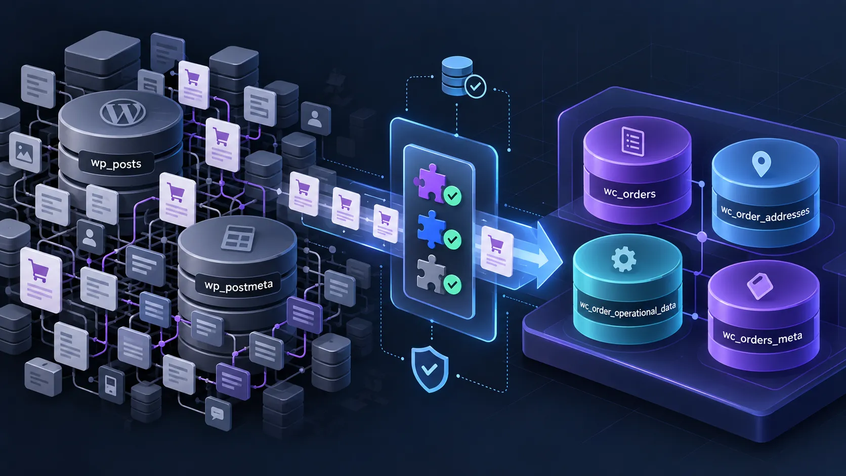 Editorial illustration showing WooCommerce orders moving from legacy WordPress post and postmeta storage into dedicated HPOS order tables with plugin compatibility checks