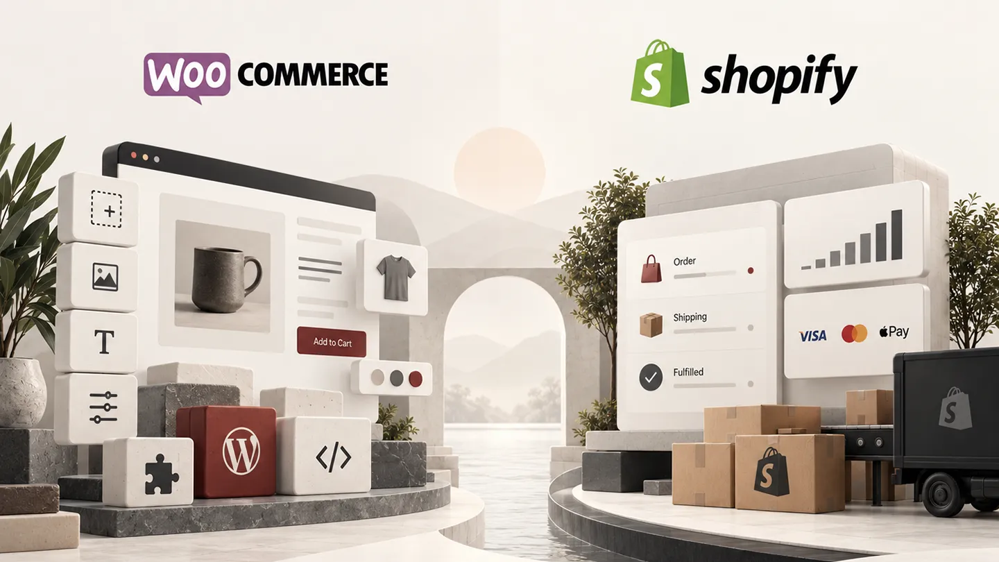 Editorial illustration comparing WooCommerce and Shopify in 2026